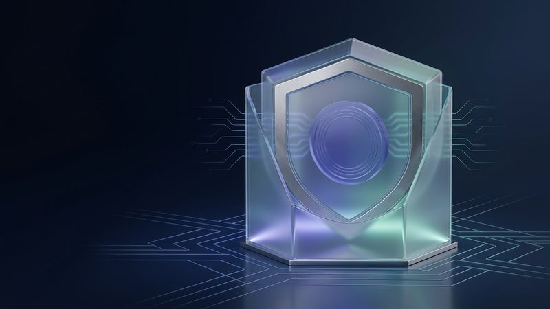 A translucent coin resting inside a protective glass vault with a hexagonal shield